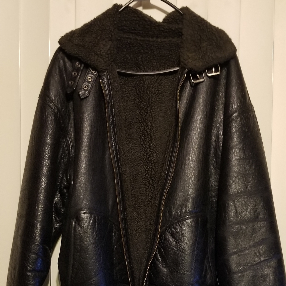 Trendy Black Leather Shearling Coat Wilson M NWOT
